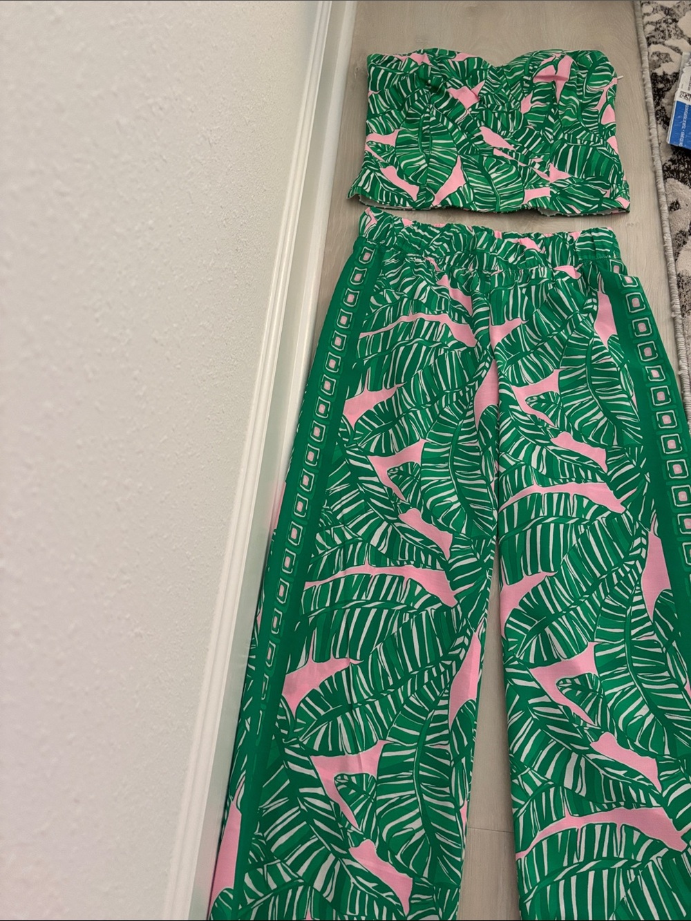 Lilly Pulitzer Green and Pink Wide-Leg Pants with Matching Top